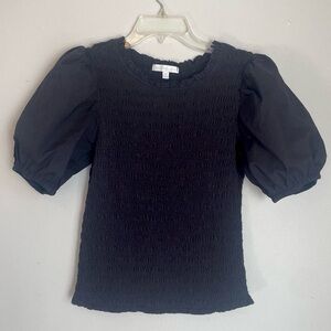 Design History black smocked blouse with statement puff sleeves.